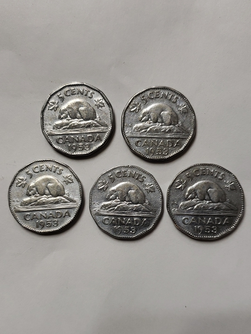 1953 Vintage Canadian 5 Cents Coin - Silver Tone (Set of 5)